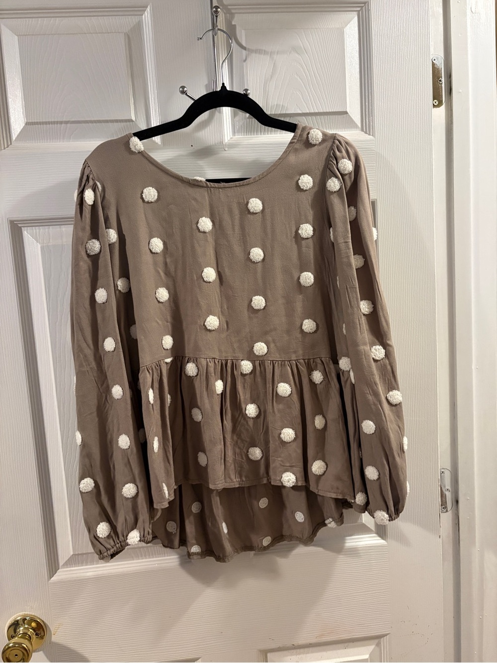 Altar'd State Taupe Peplum Top with White Pom-Poms